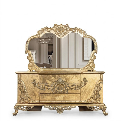 Juego de cómoda y espejo de madera en grupo, muebles barrocos.