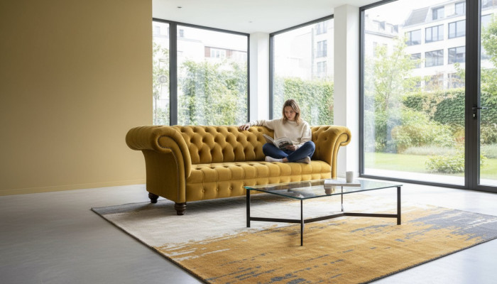 Chesterfield sofá de 3 plazas, sofá de diseñador, tapizado, sofás, sofás, tela