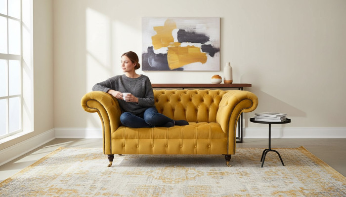 Sofá Chesterfield Conjunto de muebles 2x de un asiento Set Sofá Amarillo Textil