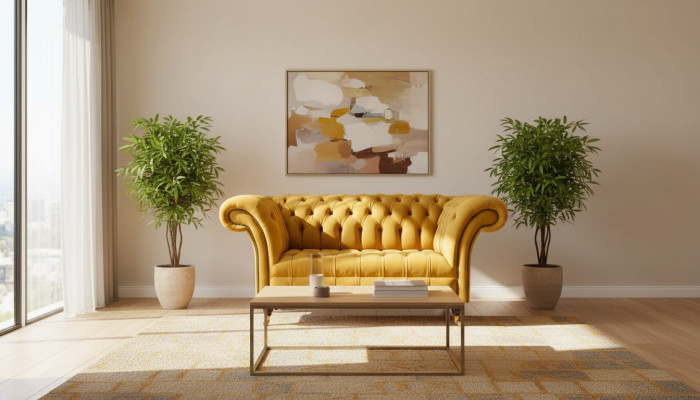 Sofá Chesterfield Conjunto de muebles 2x de un asiento Set Sofá Amarillo Textil