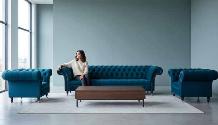 Sofá Chesterfield azul conjunto de sofás tapizados de 3+1+1