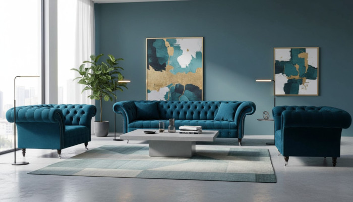 Sofá Chesterfield azul conjunto de sofás tapizados de 3+1+1