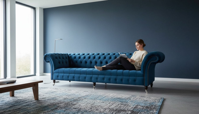 Diseño de lujo Chesterfield sofá de 4 plazas Sofá tapizado Muebles Azul.