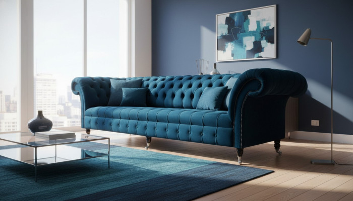Diseño de lujo Chesterfield sofá de 4 plazas Sofá tapizado Muebles Azul.