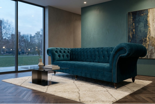 Sofá de diseñador de 3 plazas Chesterfield tapizado en tela.