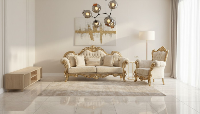 Sofá Chesterfield y sillón en beige en un diseño de lujo de alta calidad.