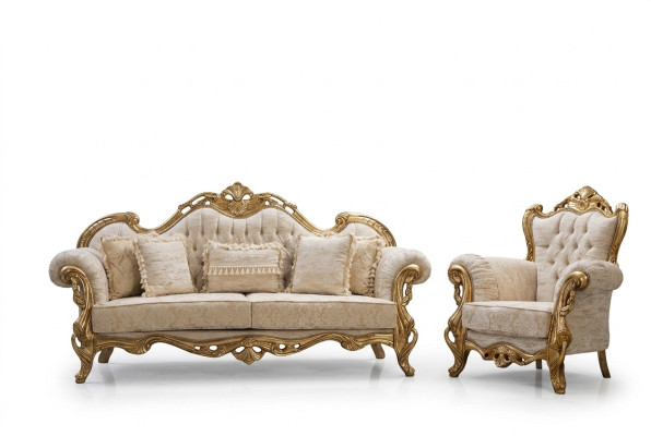 Sofá Chesterfield y sillón en beige en un diseño de lujo de alta calidad.