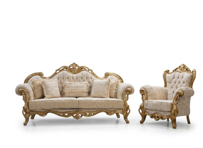 Sofá Chesterfield y sillón en beige en un diseño de lujo de alta calidad.