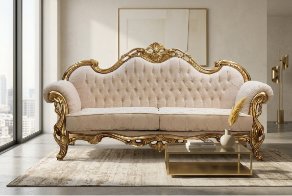Sofá de 3 plazas de tela, sofás de tres plazas de lujo para la sala de estar estilo Chesterfield barroco.