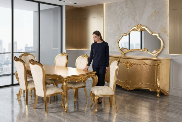 Juego de comedor con mesa, 6 sillas, aparador, espejo, conjunto de comedor de 9 piezas.
