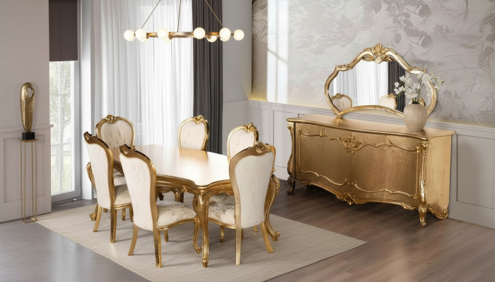 Juego de comedor con mesa, 6 sillas, aparador, espejo, conjunto de comedor de 9 piezas.