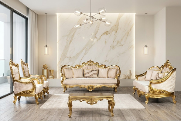 Juego de sofás dorado de 5 piezas con mesa de centro Chesterfield Barroco