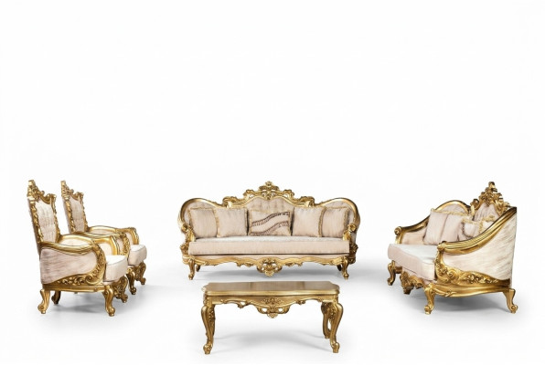 Juego de sofás dorado de 5 piezas con mesa de centro Chesterfield Barroco