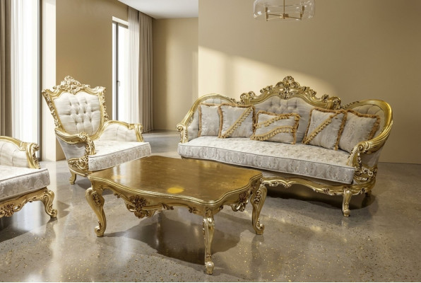 Conjunto de sofá 3+1 plazas lujosa mesa de café dorada sala de estar 3 piezas.