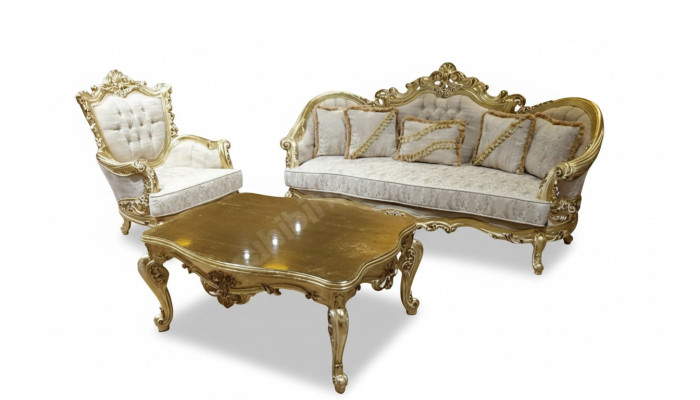 Conjunto de sofá 3+1 plazas lujosa mesa de café dorada sala de estar 3 piezas.