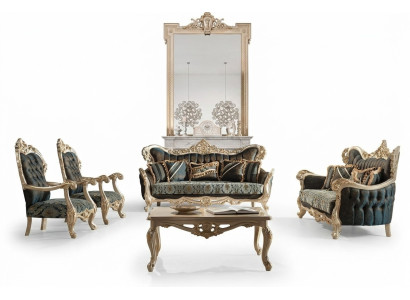 Conjunto de sofá Sofá Cama Barroco Rococó Set Mesa de centro Turquesa 5 piezas. Oro
