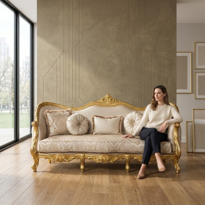 Sofá de lujo Clásico de tres plazas Sofá Sofás Muebles Decoración Tela.