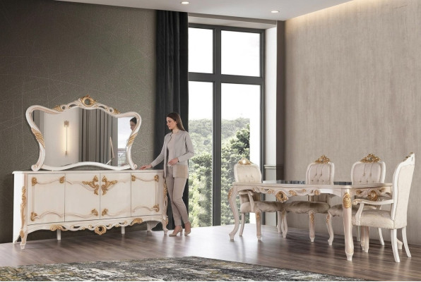 Mesa de comedor Conjunto Grupo Mesa de comedor Silla Set Cómoda Espejo de 6 piezas