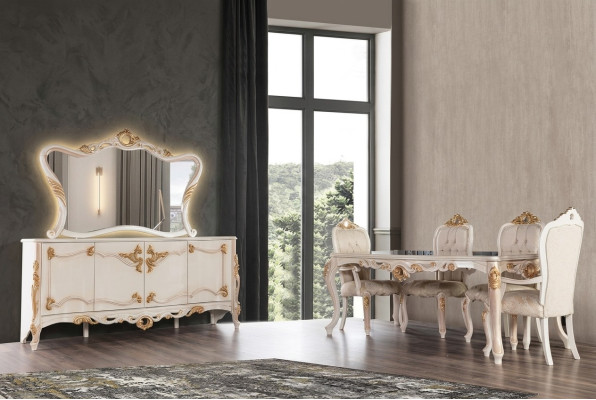 Mesa de comedor Conjunto Grupo Mesa de comedor Silla Set Cómoda Espejo de 6 piezas