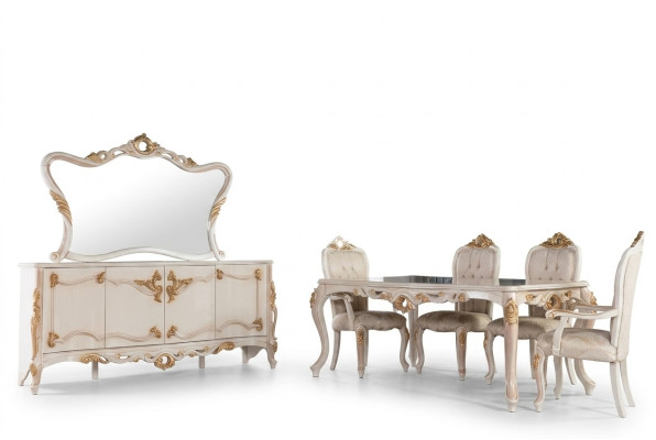 Mesa de comedor Conjunto Grupo Mesa de comedor Silla Set Cómoda Espejo de 6 piezas