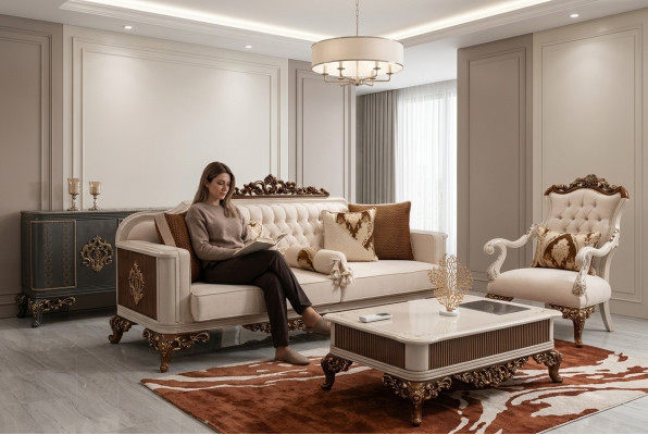 Sofá Chesterfield de tres plazas estilo barroco, muebles tapizados en tela dorada.