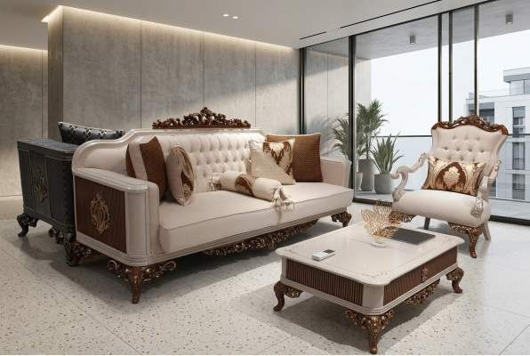 Sofá Chesterfield de tres plazas estilo barroco, muebles tapizados en tela dorada.