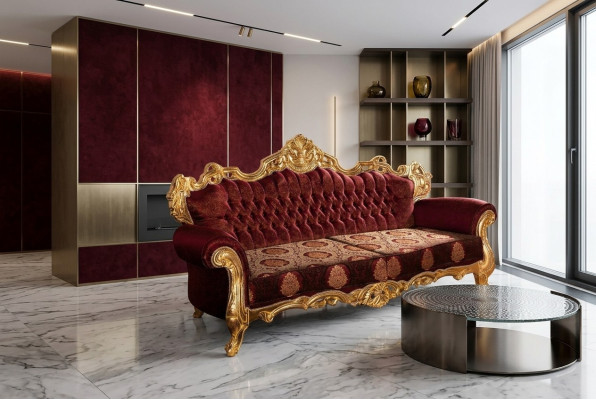 Sofá de tres plazas de lujo tapizado en terciopelo rojo estilo barroco, nuevo.