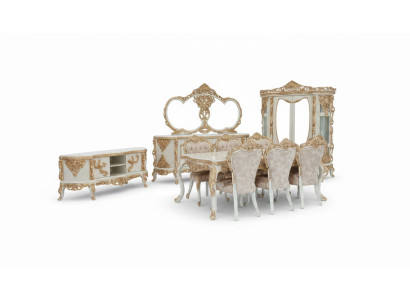 Magnífico conjunto de muebles de comedor con abundantes elementos decorativos.
