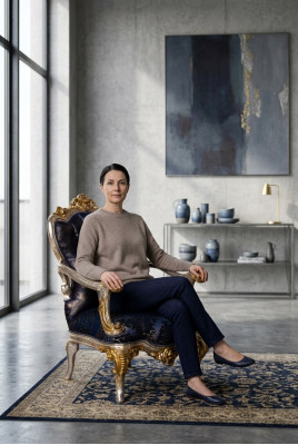 Silla de lujo Trono clásico Sillón de respaldo silla barroca Terciopelo Azul Oro