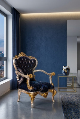 Silla de lujo Trono clásico Sillón de respaldo silla barroca Terciopelo Azul Oro