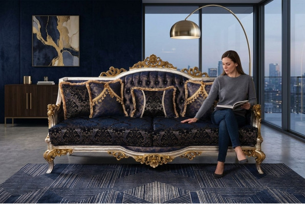 Sofá de tres plazas de estilo barroco de terciopelo con marco dorado. Muebles de sofá nuevos.