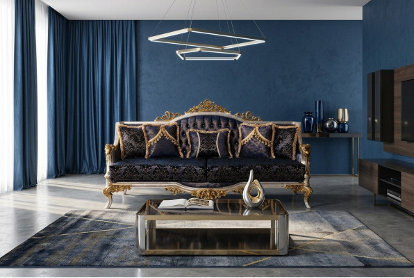 Sofá de tres plazas de estilo barroco de terciopelo con marco dorado. Muebles de sofá nuevos.