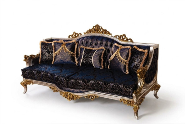 Sofá de tres plazas de estilo barroco de terciopelo con marco dorado. Muebles de sofá nuevos.