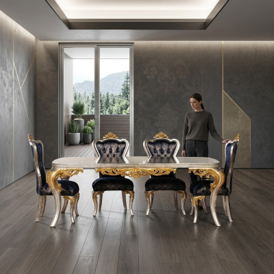 Exquisito juego de comedor dorado con mesa de comedor y 4 sillas Chesterfield. Muebles de lujo.