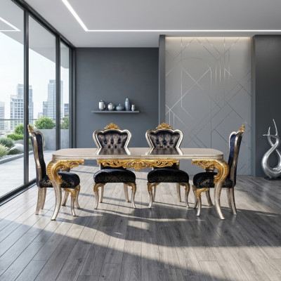 Exquisito juego de comedor dorado con mesa de comedor y 4 sillas Chesterfield. Muebles de lujo.