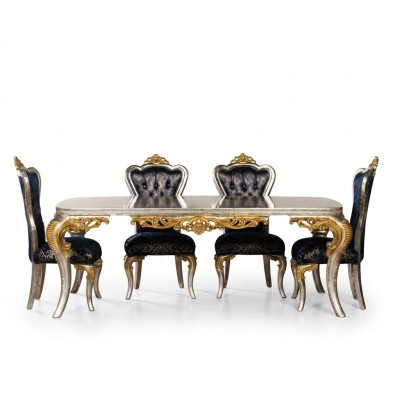 Exquisito juego de comedor dorado con mesa de comedor y 4 sillas Chesterfield. Muebles de lujo.
