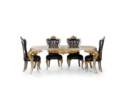 Exquisito juego de comedor dorado con mesa de comedor y 4 sillas Chesterfield. Muebles de lujo.