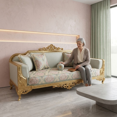 Sofá clásico de tres plazas estilo barroco beige, sofá de 3 plazas, muebles, sofás.