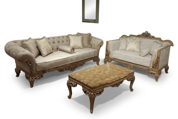 Sofá de diseñador con tela clara de 3 plazas + mesa de centro. Nuevo modelo para la sala de estar.