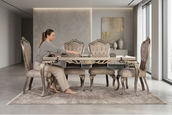 Sillas de lujo Chesterfield marrones para diseñador, mesa de comedor exclusiva, muebles de comedor.