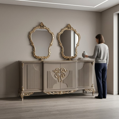 Aparador con espejo de madera marrón topo buffet trinchador dos piezas