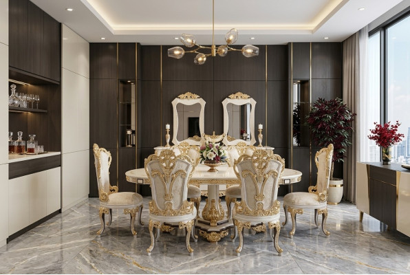 Muebles de lujo para sofá, mesa de comedor, conjunto de asientos barrocos, grupo de mesa + 6 sillas