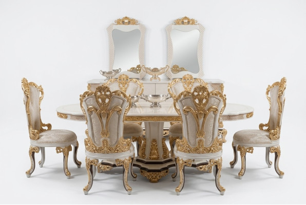 Muebles de lujo para sofá, mesa de comedor, conjunto de asientos barrocos, grupo de mesa + 6 sillas