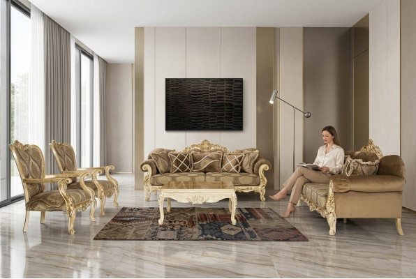 Sofá exclusivo en color beige en estilo barroco-rococó 3 + 3 + 1 + 1 + mesa de centro