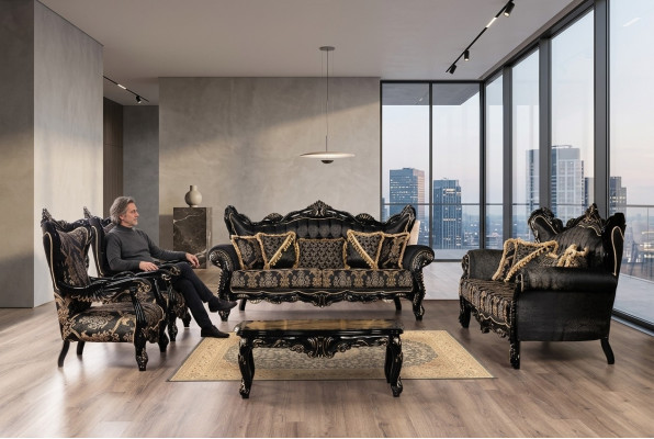 Muebles de estilo barroco negro, conjunto de sofás, sofá, sofá cama, muebles tapizados, mesa, 5 piezas.