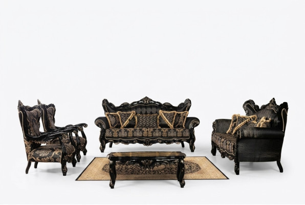 Muebles de estilo barroco negro, conjunto de sofás, sofá, sofá cama, muebles tapizados, mesa, 5 piezas.