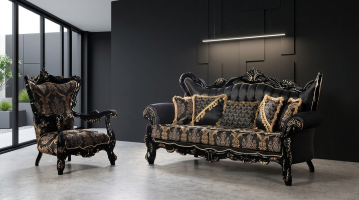 Conjunto de sofá de 2 piezas para la sala de estar con 3+1 asientos, sofá negro y sillón con estampado dorado.