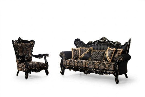 Conjunto de sofá de 2 piezas para la sala de estar con 3+1 asientos, sofá negro y sillón con estampado dorado.