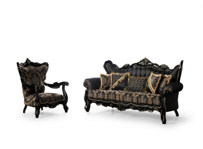 Conjunto de sofá de 2 piezas para la sala de estar con 3+1 asientos, sofá negro y sillón con estampado dorado.