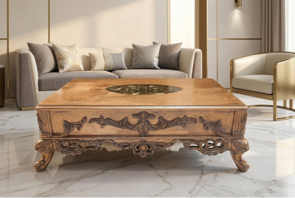 Mesa de centro barroca dorada con patas talladas de madera para sala de estar.